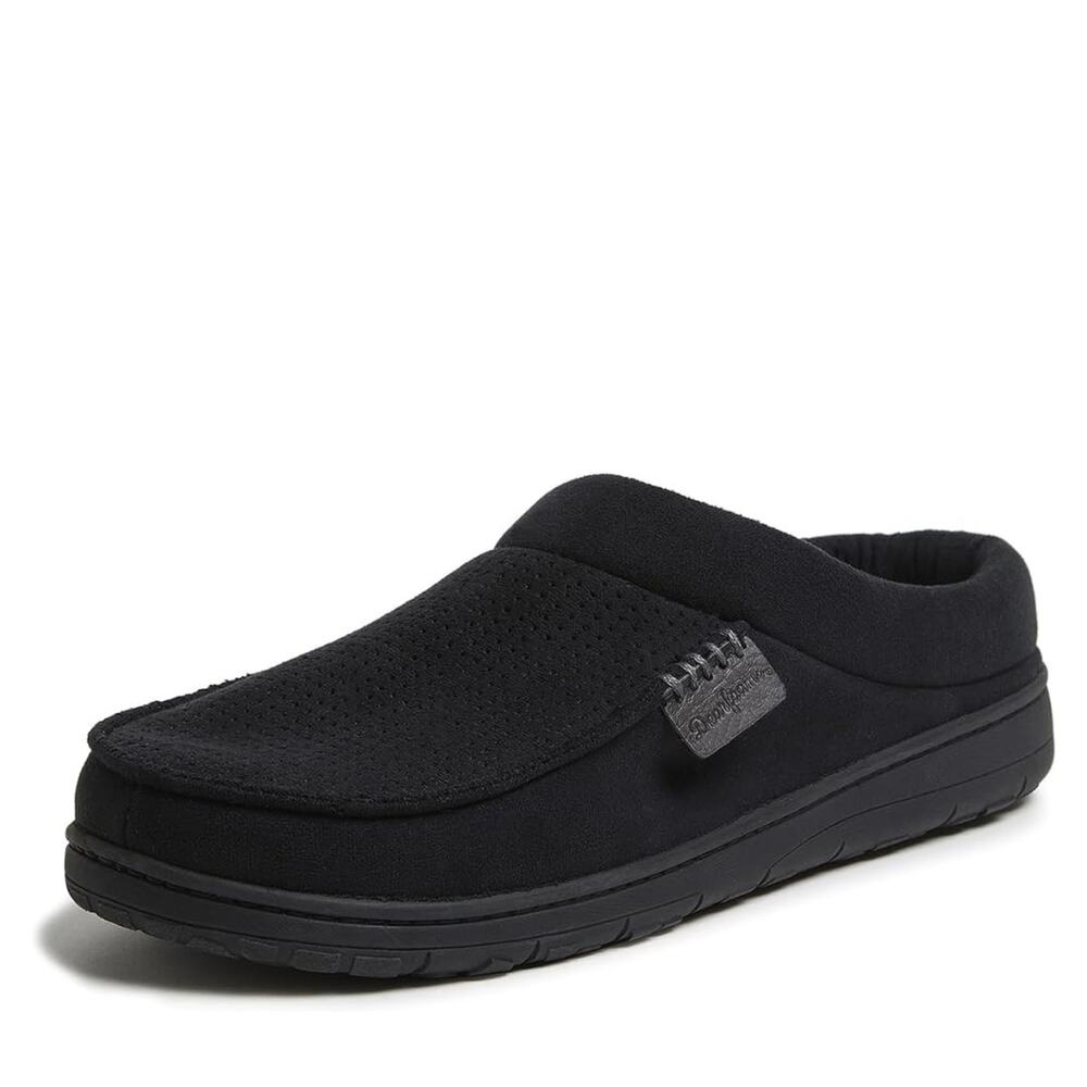 DEARFOAMS MEN'S BRENDAN MICROFIBER SUEDE CLOG SLIPPER, BLACK (PERFORATED), M